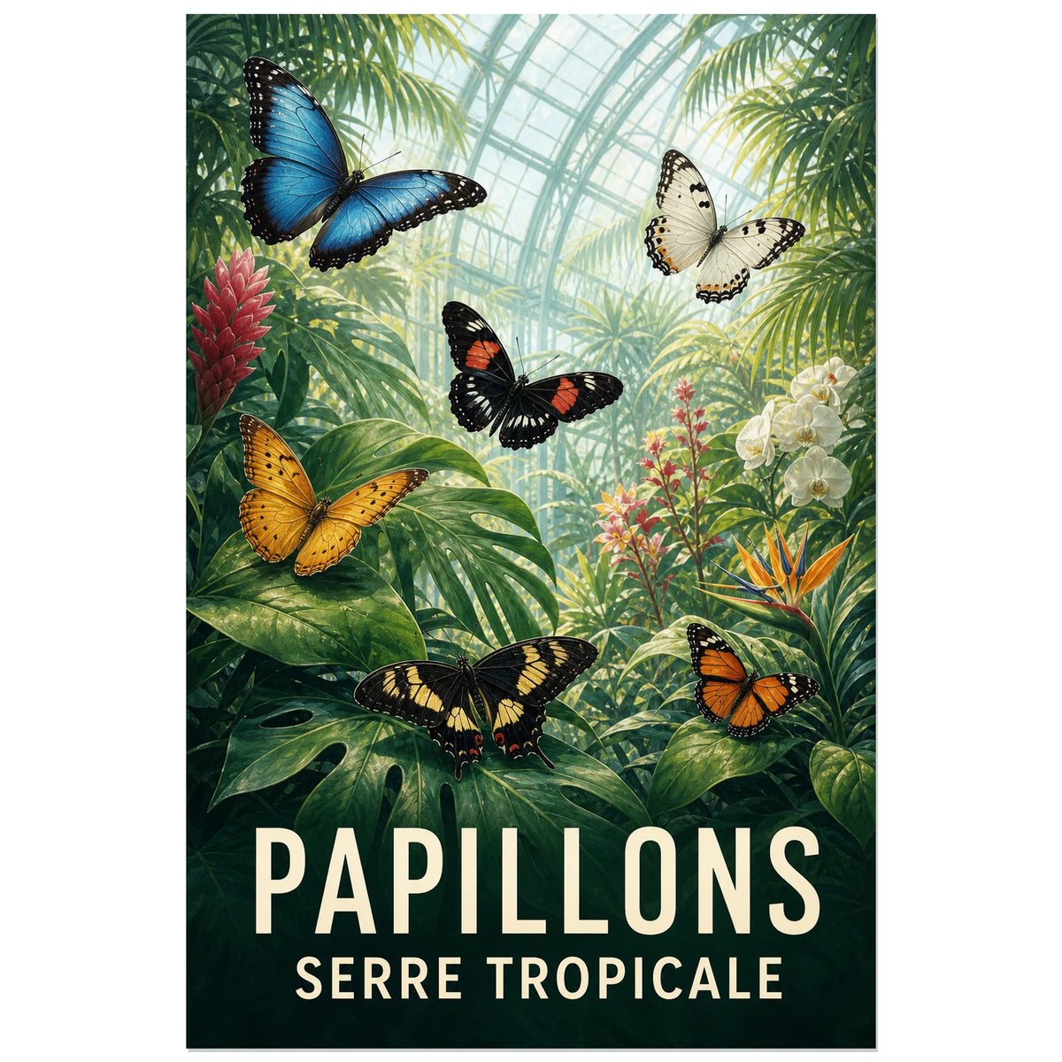 Affiche Papillons – Serre tropicale, illustration naturaliste décorative dans une serre tropicale lumineuse verticale, format 30 × 45 cm