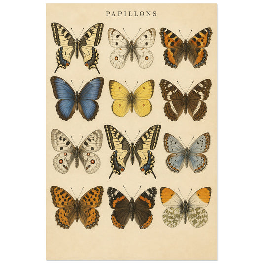 Affiche Papillons vintage – Cabinet lumineux, planche naturaliste vintage / gravure colorée verticale, format 30 × 45 cm