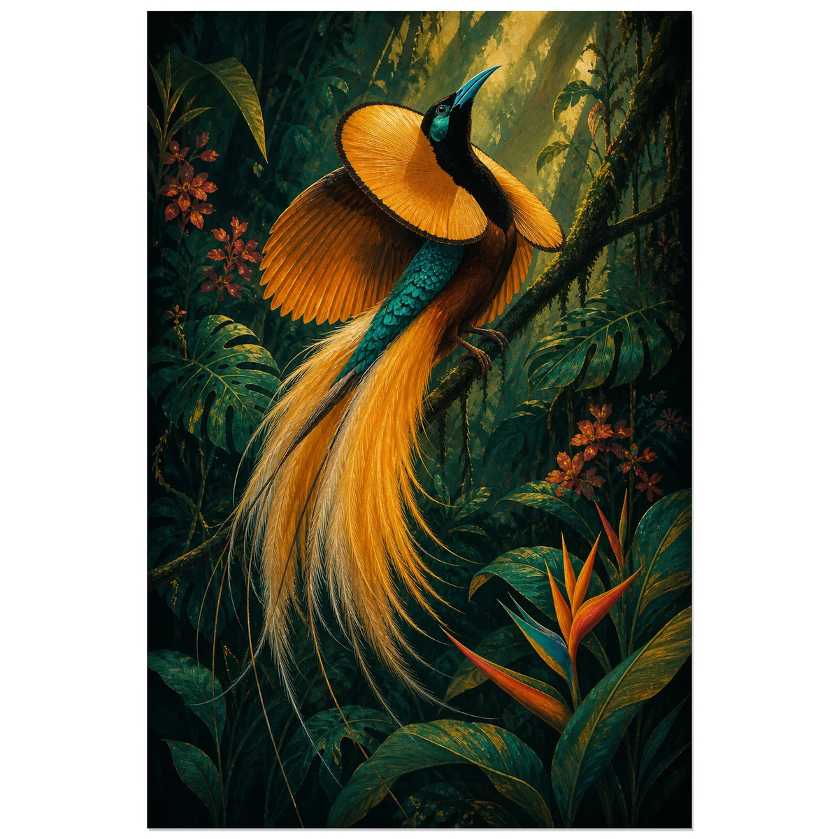 Affiche Paradisier dans la jungle, illustration naturaliste dramatique en gouache aux lumières théâtrales verticale, format 40 × 60 cm
