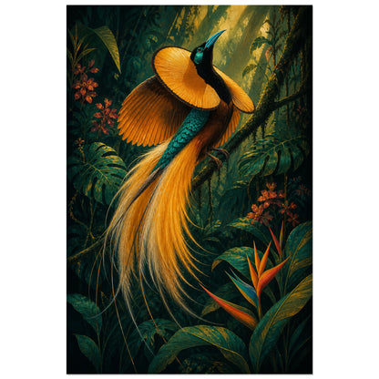 Affiche Paradisier dans la jungle, illustration naturaliste dramatique en gouache aux lumières théâtrales verticale, format 40 × 60 cm