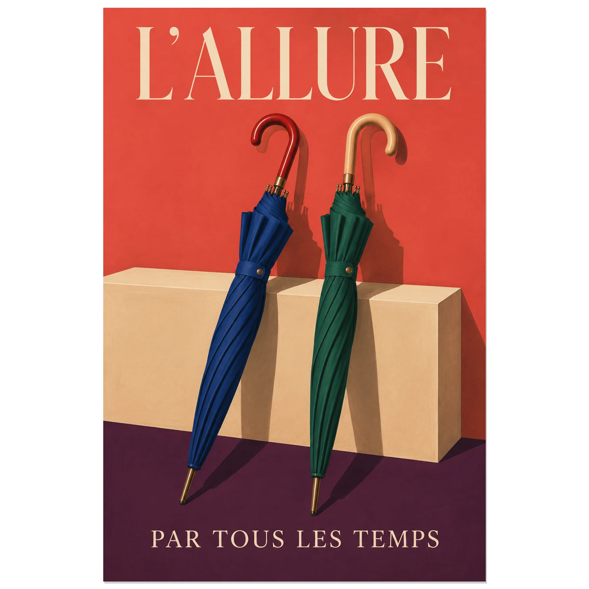 Affiche Parapluies, l’allure par tous les temps, nature morte d'accessoires, illustration rétro éditoriale verticale, format 30 × 45 cm