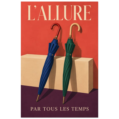 Affiche Parapluies, l’allure par tous les temps, nature morte d'accessoires, illustration rétro éditoriale verticale, format 30 × 45 cm