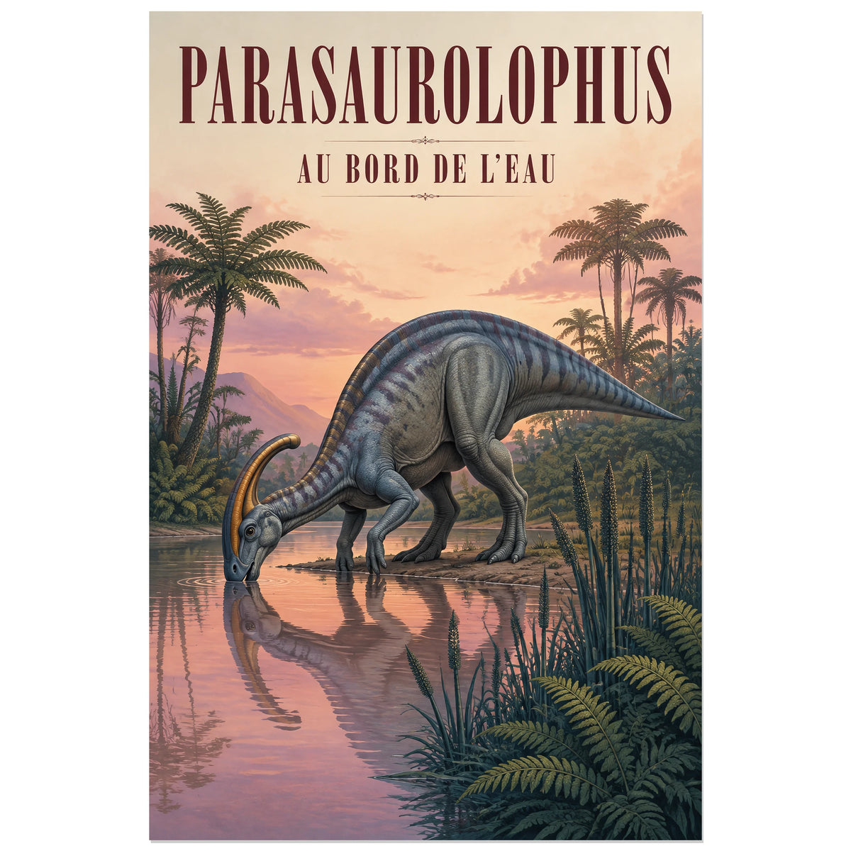 Affiche Parasaurolophus – Au bord de l’eau, illustration naturaliste / gouache verticale, format 30 × 45 cm