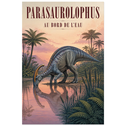 Affiche Parasaurolophus – Au bord de l’eau, illustration naturaliste / gouache verticale, format 30 × 45 cm