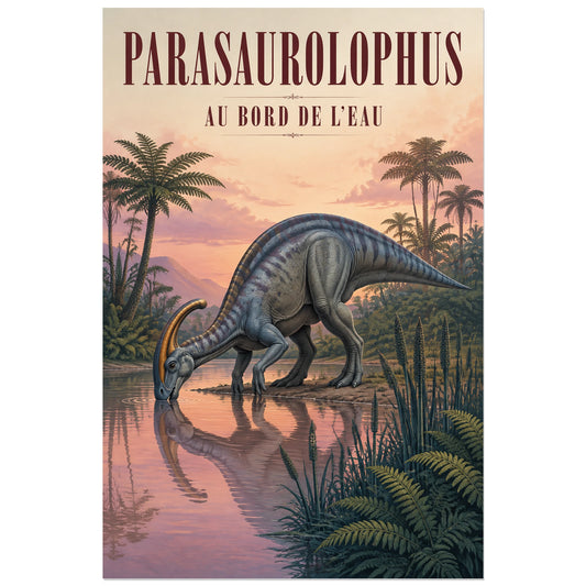 Affiche Parasaurolophus – Au bord de l’eau, illustration naturaliste / gouache verticale, format 30 × 45 cm