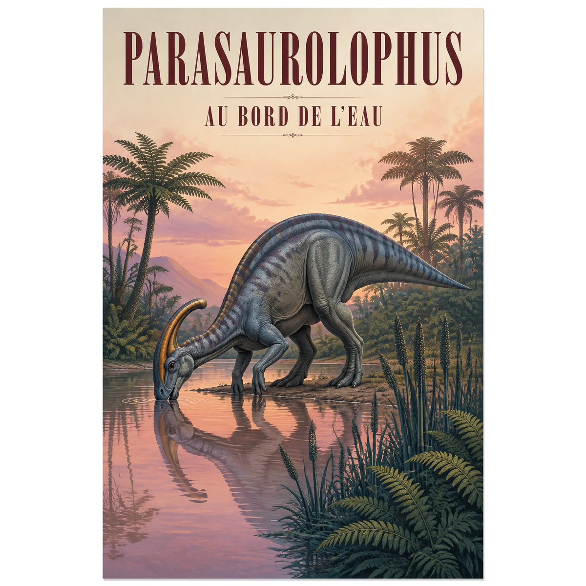 Affiche Parasaurolophus – Au bord de l’eau, illustration naturaliste / gouache verticale, format 60 × 90 cm