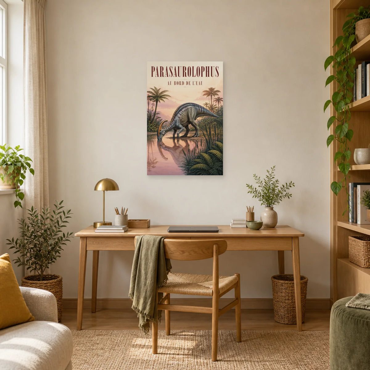 Affiche Parasaurolophus - Au bord de l’eau dans un bureau - Art Virtuoso