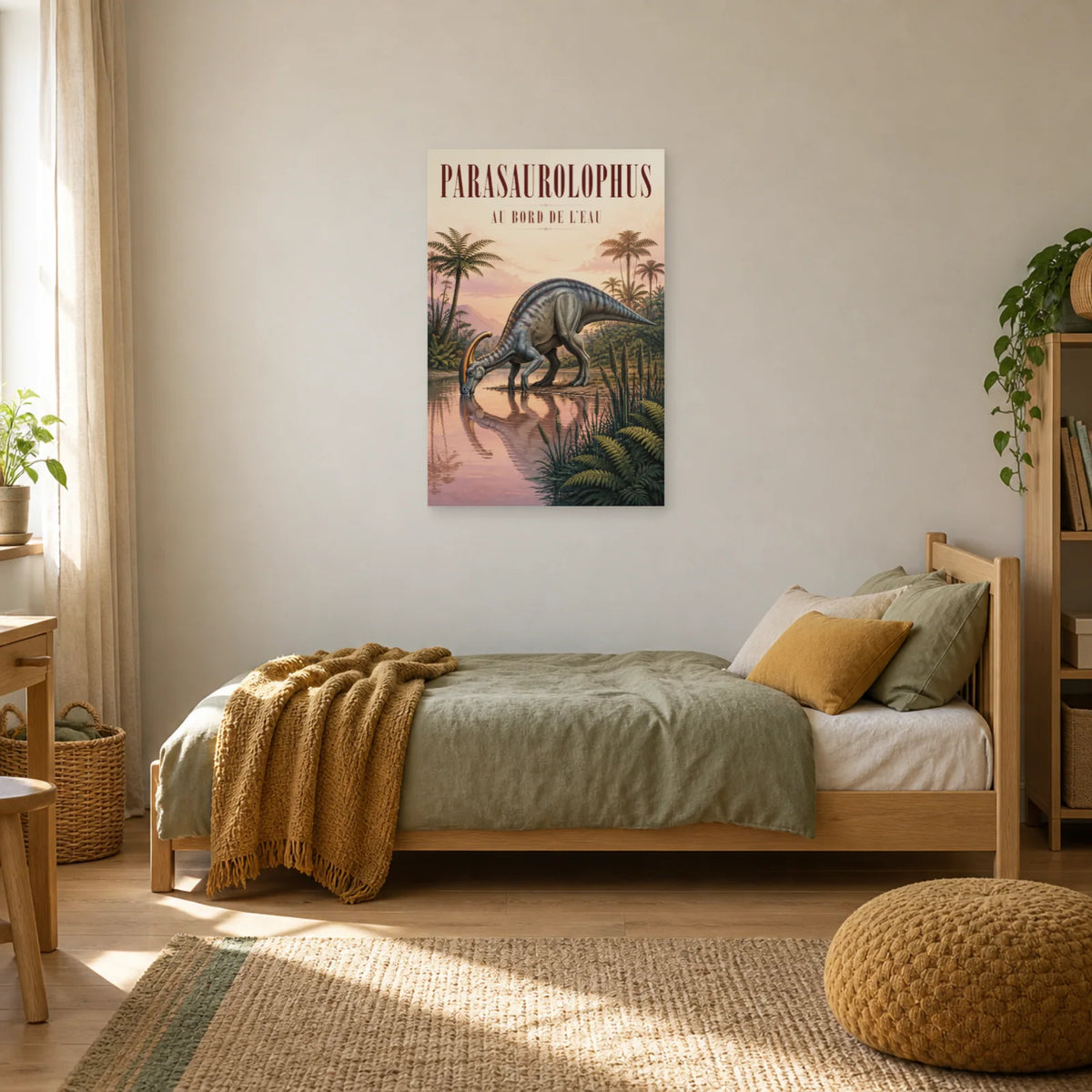Affiche Parasaurolophus - Au bord de l’eau dans une chambre - Art Virtuoso