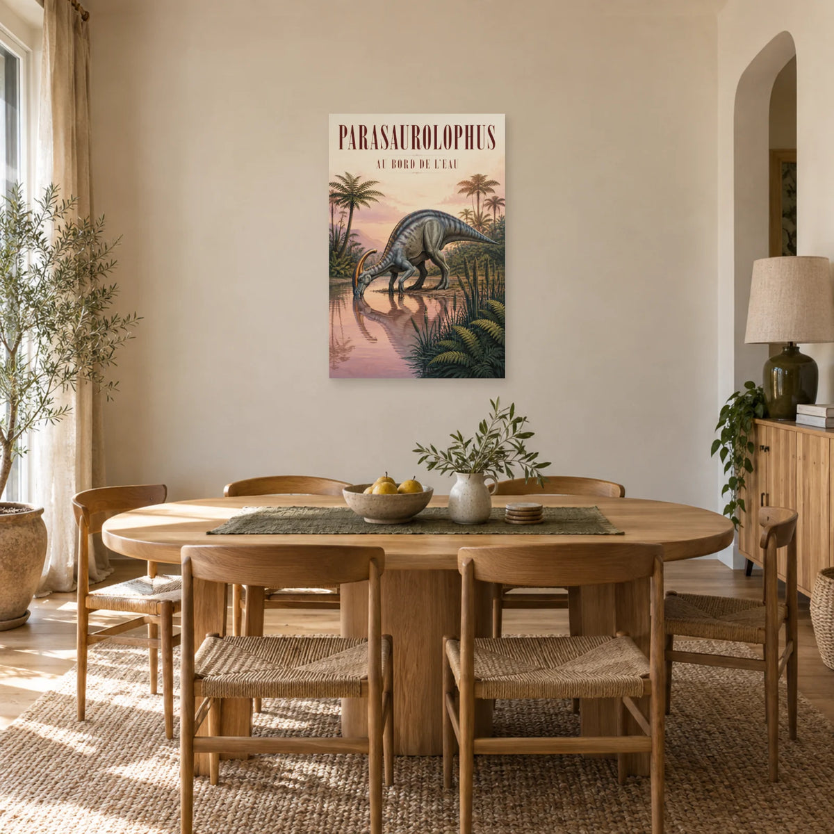Affiche Parasaurolophus - Au bord de l’eau dans une salle à manger - Art Virtuoso