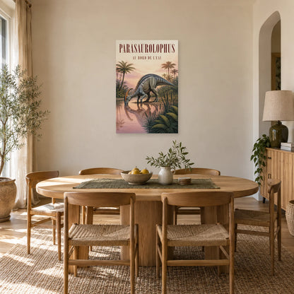 Affiche Parasaurolophus - Au bord de l’eau dans une salle à manger - Art Virtuoso