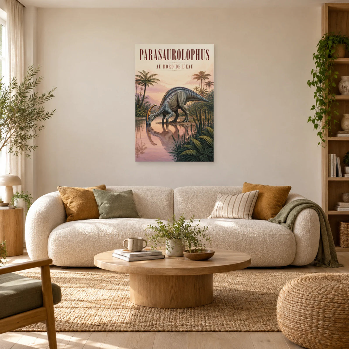 Affiche Parasaurolophus - Au bord de l’eau dans un salon - Art Virtuoso