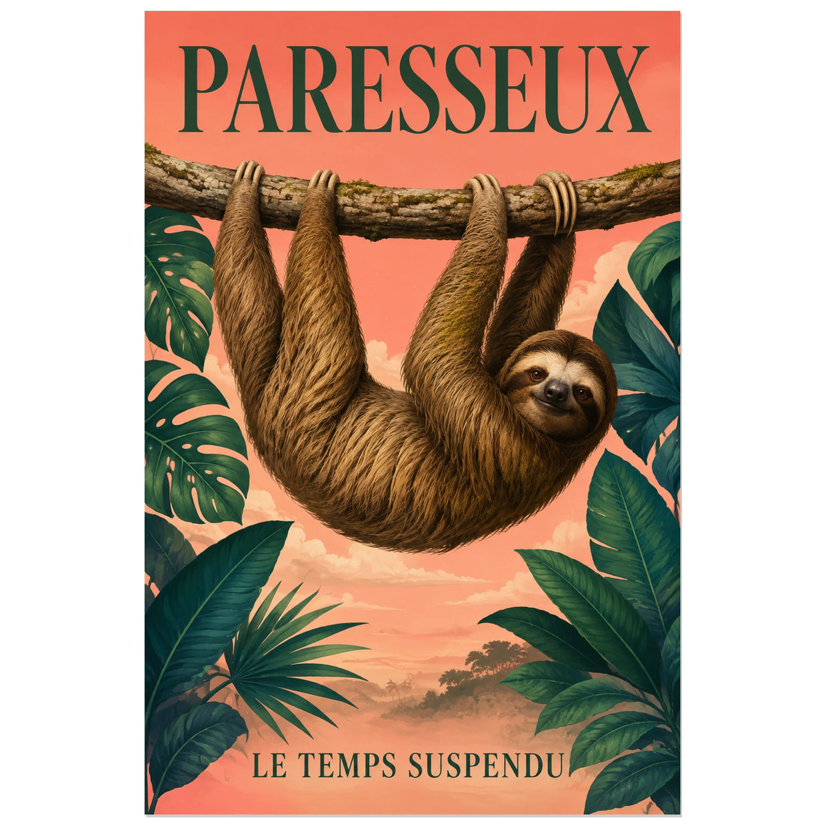 Affiche Paresseux, le temps suspendu, illustration naturaliste peinte à typographie intégrée verticale, format 60 × 90 cm