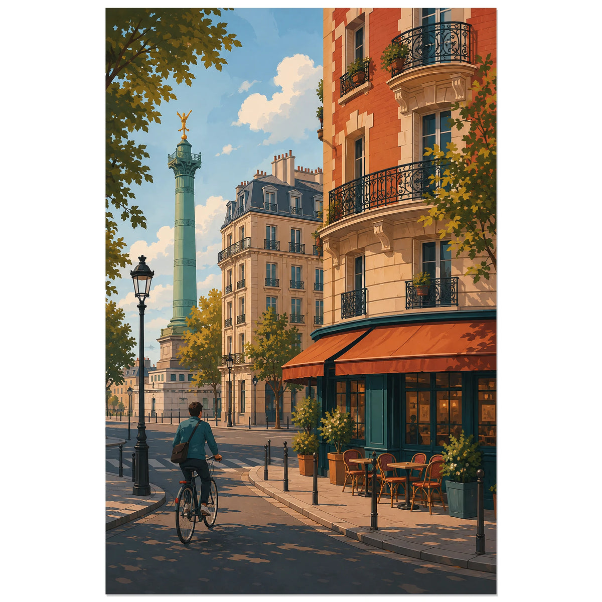 Cycliste, colonne et terrasse sous un ciel bleu, affiche 40 × 60 cm