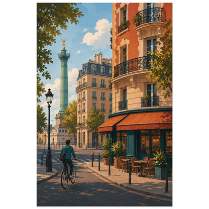 Scène parisienne à vélo près de Bastille, affiche 60 × 90 cm