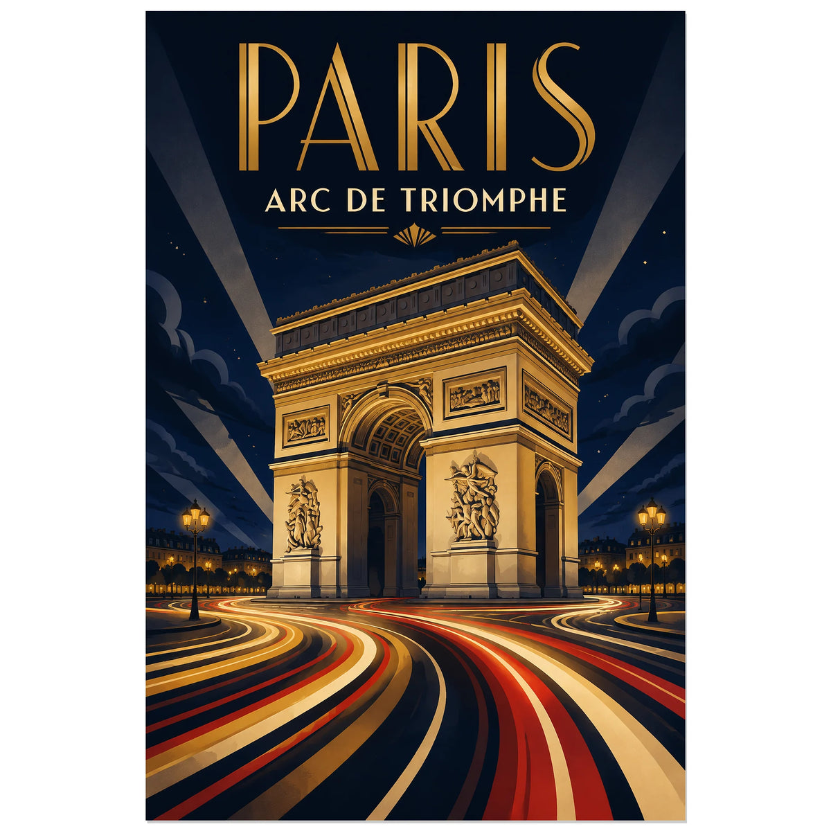 Affiche PARIS ARC DE TRIOMPHE aux lignes rouges et dorées, format 60 × 90 cm