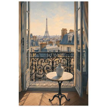 Balcon en ferronnerie face aux toits de Paris, affiche 30 × 45 cm