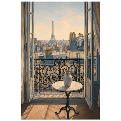 Petite table et vase devant la vue sur la tour Eiffel, affiche 40 × 60 cm