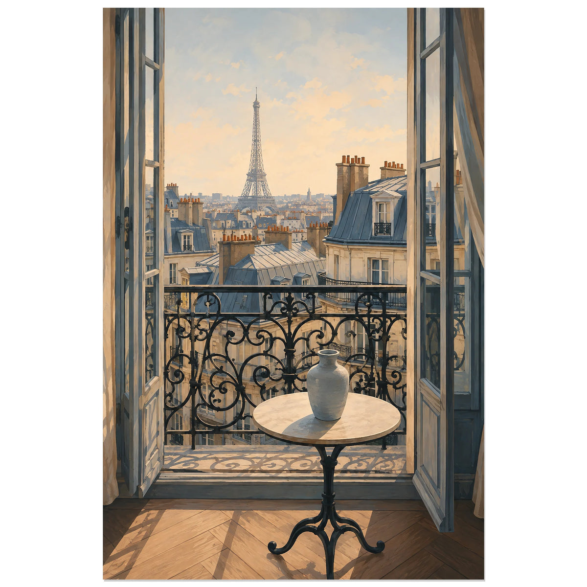 Fenêtre ouverte sur les toits parisiens sous un ciel rose, affiche 60 × 90 cm