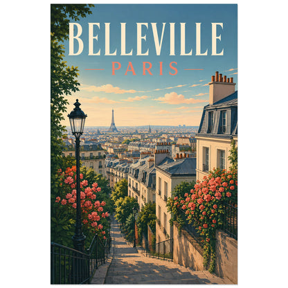 Texte BELLEVILLE PARIS sur une vue de toits et d’escalier, affiche 60 × 90 cm