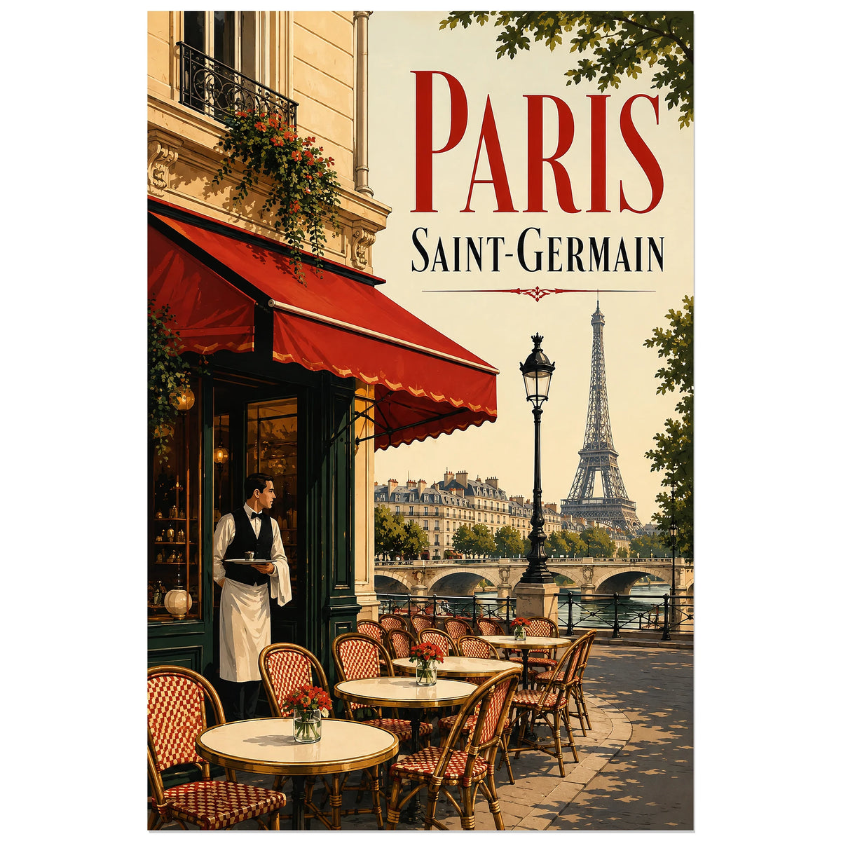 Serveur et auvent d’un café parisien, affiche 40 × 60 cm
