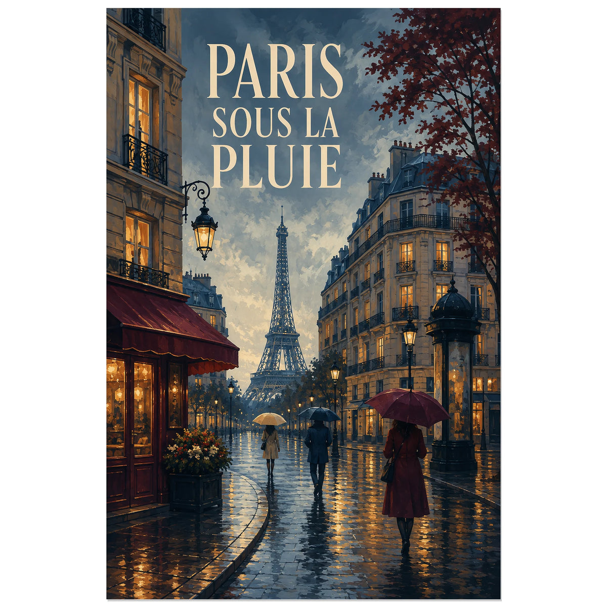 Paris sous la pluie en bleu ardoise et ambre, affiche 60 × 90 cm