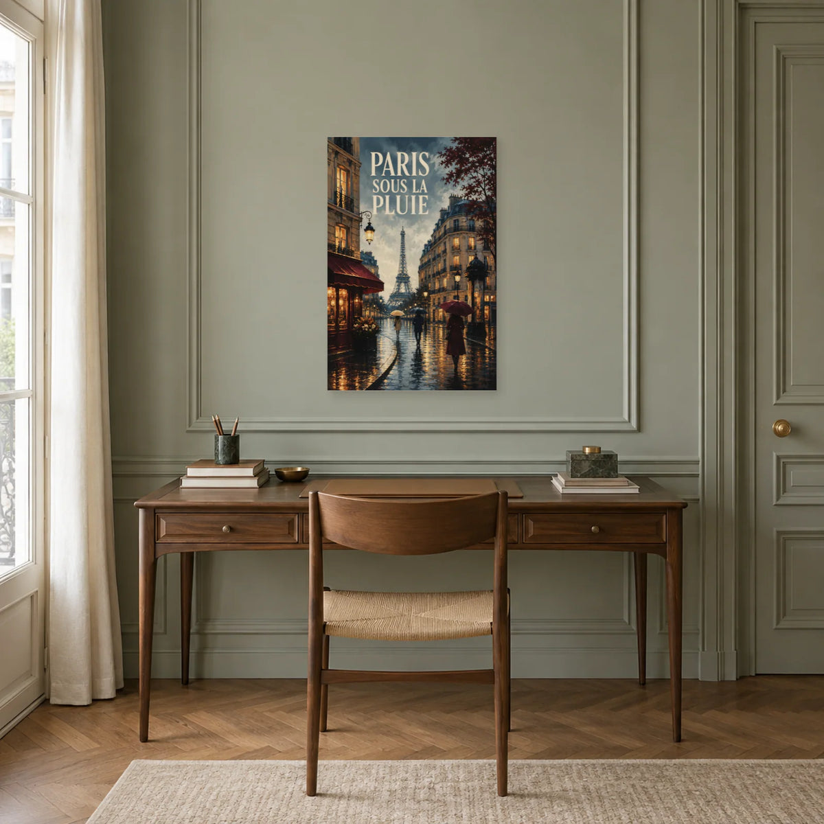 Affiche Paris - Sous la pluie dans un bureau - Art Virtuoso