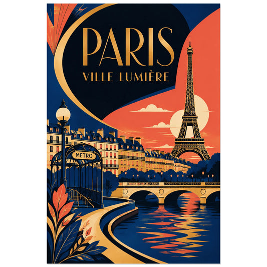 Paris graphique corail et bleu avec tour Eiffel et métro, affiche 30 × 45 cm