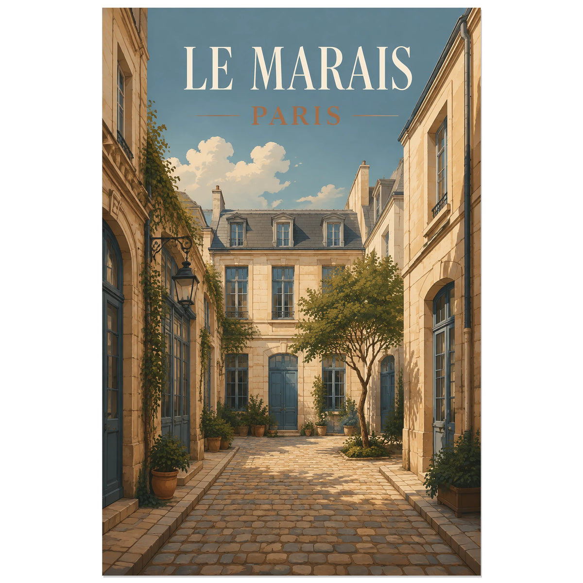 Cour pavée et arbre central, affiche 30 × 45 cm