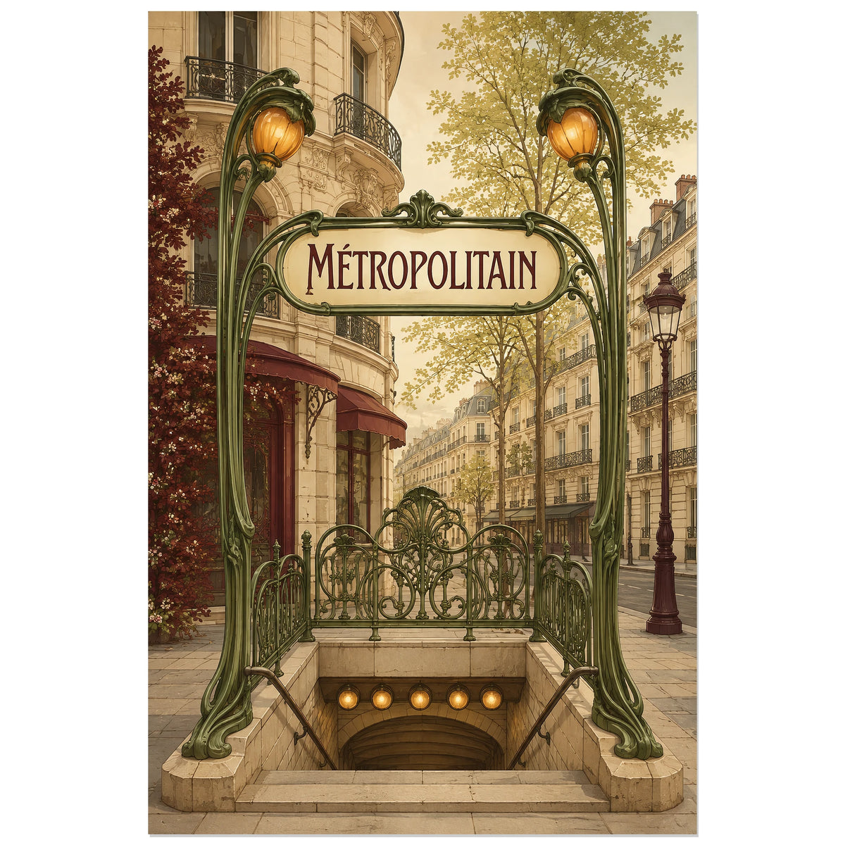 Enseigne MÉTROPOLITAIN entre deux lampes orange, affiche 30 × 45 cm
