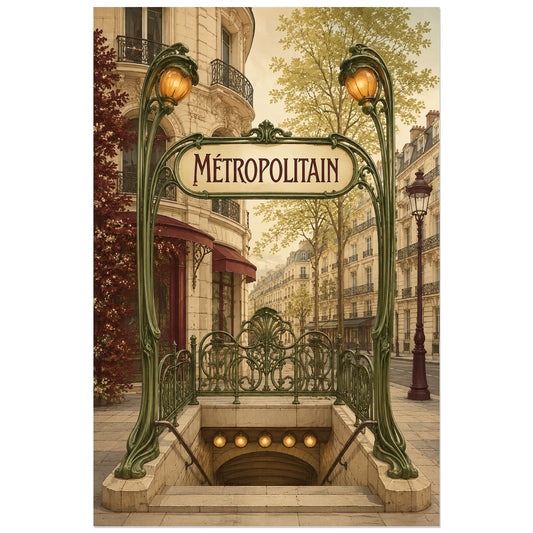 Enseigne MÉTROPOLITAIN entre deux lampes orange, affiche 30 × 45 cm