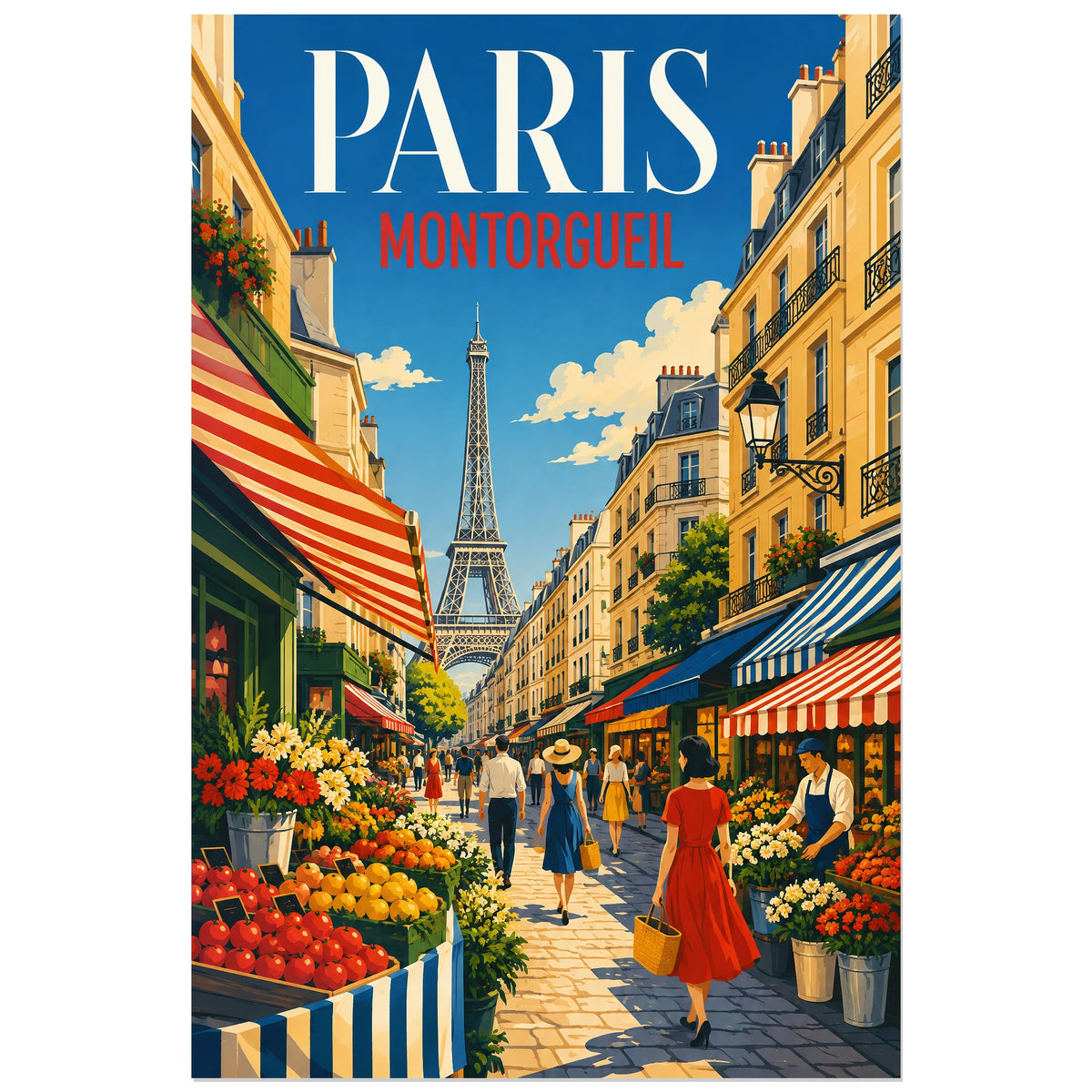 Étalages colorés rue Montorgueil, affiche 30 × 45 cm
