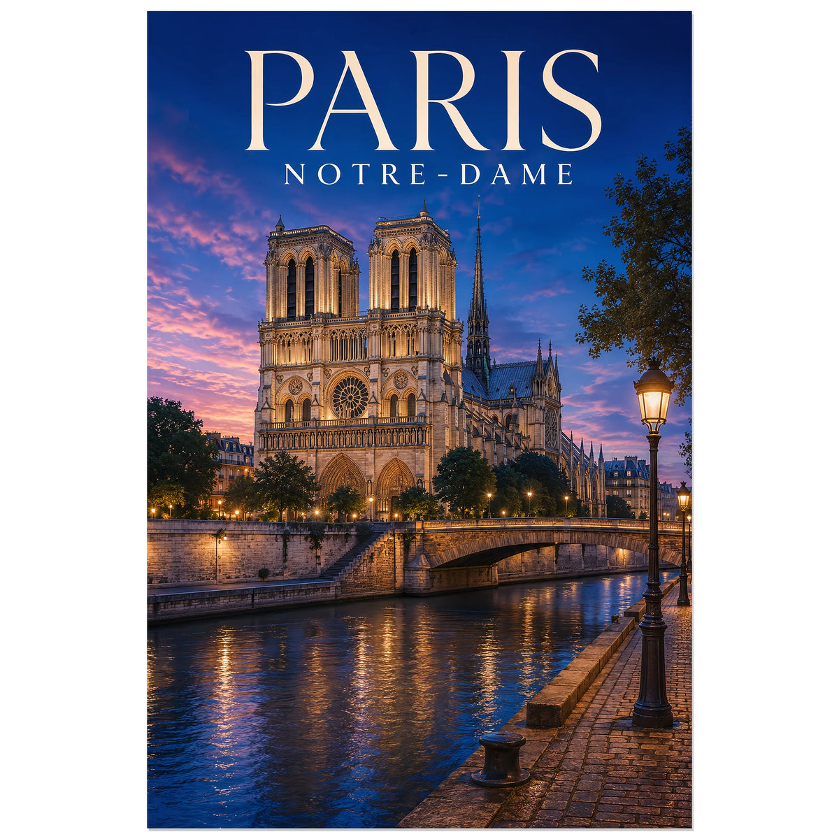 Façade de Notre-Dame dans les bleus du soir, affiche 40 × 60 cm