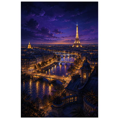 Vue nocturne de Paris avec tour Eiffel et étoiles, affiche 60 × 90 cm