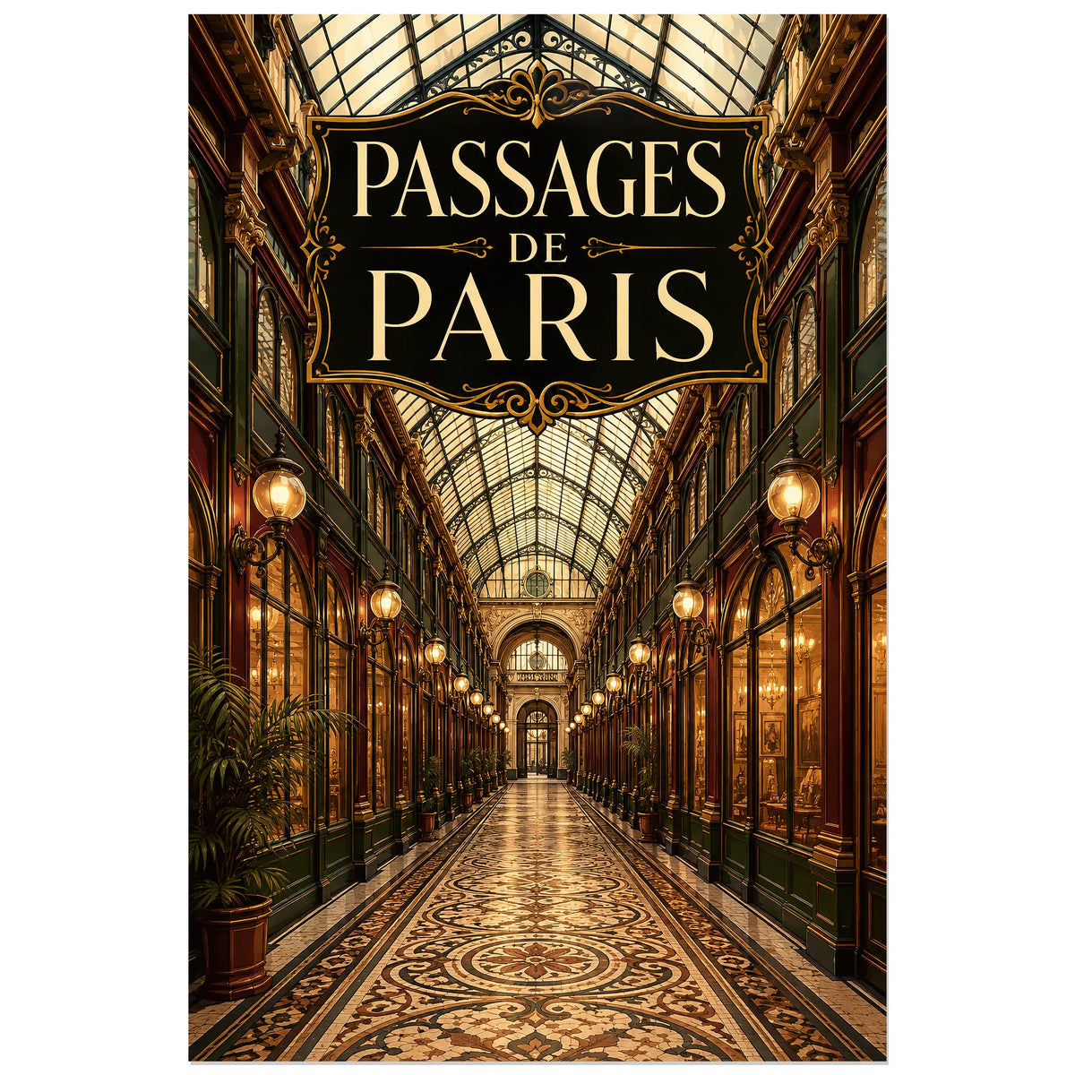 Galerie de boutiques éclairées sous le texte PASSAGES DE PARIS, affiche 40 × 60 cm