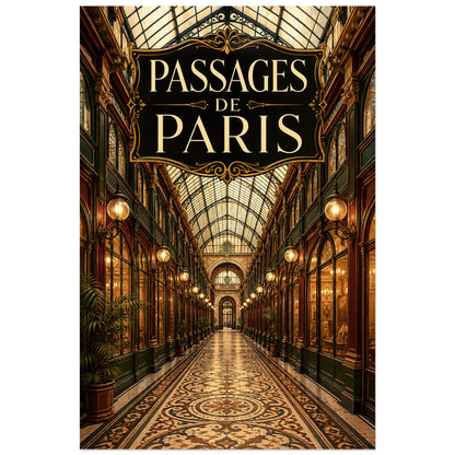 Galerie de boutiques éclairées sous le texte PASSAGES DE PARIS, affiche 40 × 60 cm