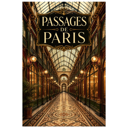 Perspective symétrique d’un passage parisien noir et or, affiche 60 × 90 cm