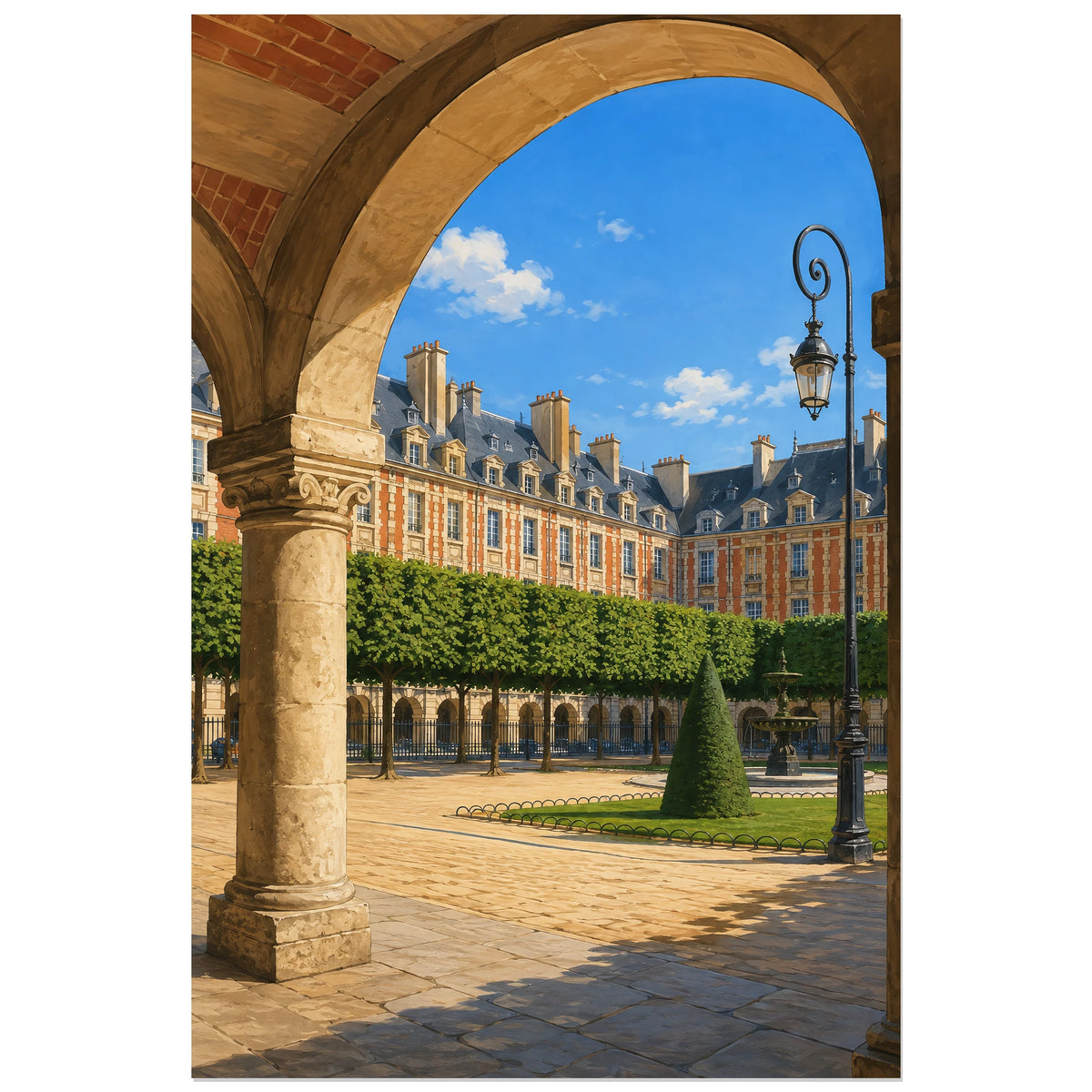 Voûte en pierre cadrant la place des Vosges illustrée, affiche 30 × 45 cm