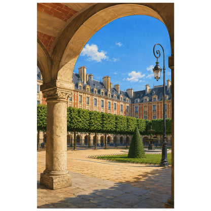 Voûte en pierre cadrant la place des Vosges illustrée, affiche 30 × 45 cm