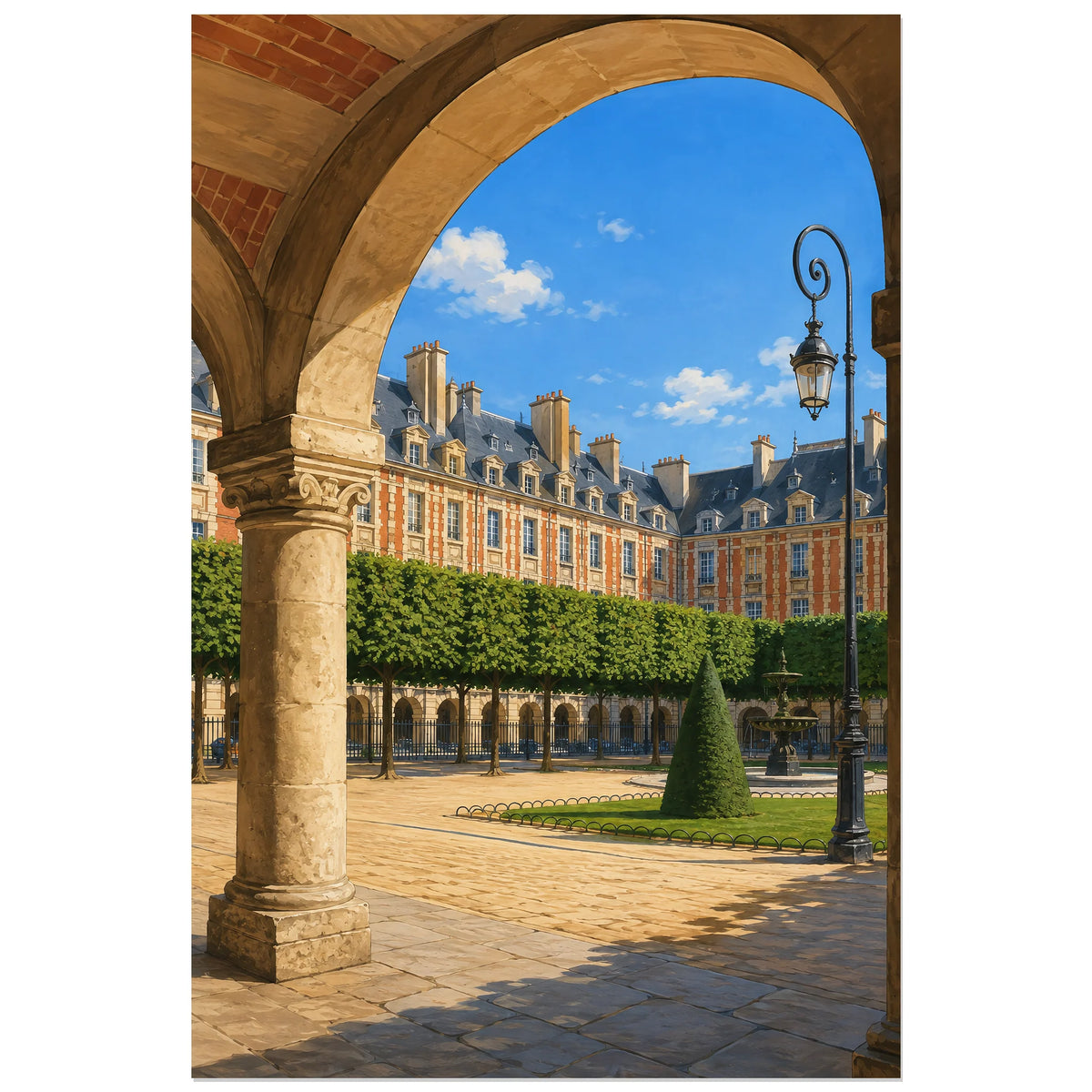 Vue de la place des Vosges depuis une arcade ombragée, affiche 60 × 90 cm