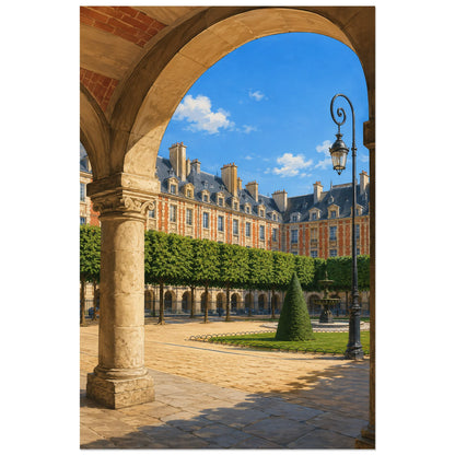 Vue de la place des Vosges depuis une arcade ombragée, affiche 60 × 90 cm