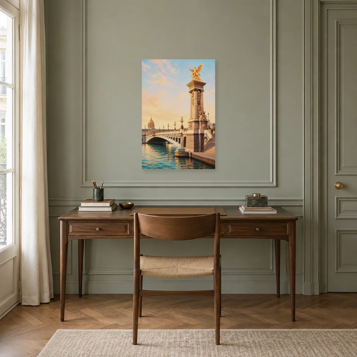 Affiche Pont Alexandre-III - Lumière dorée dans un bureau - Art Virtuoso