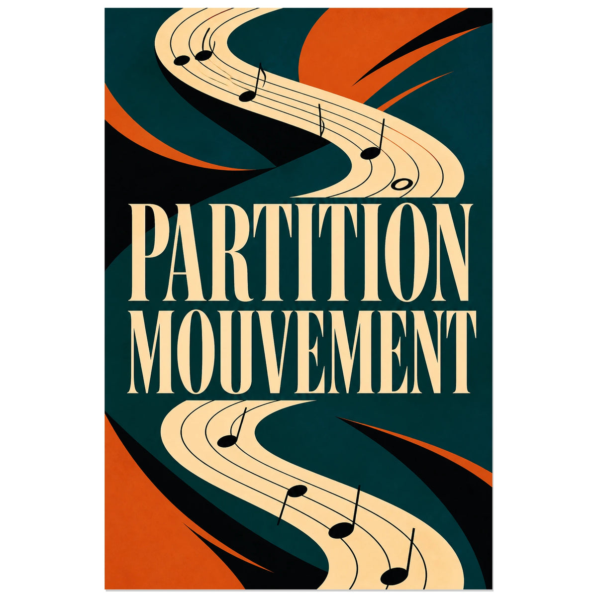 Affiche Partition - Mouvement, affiche abstraite aux courbes musicales verticale, format 30 × 45 cm