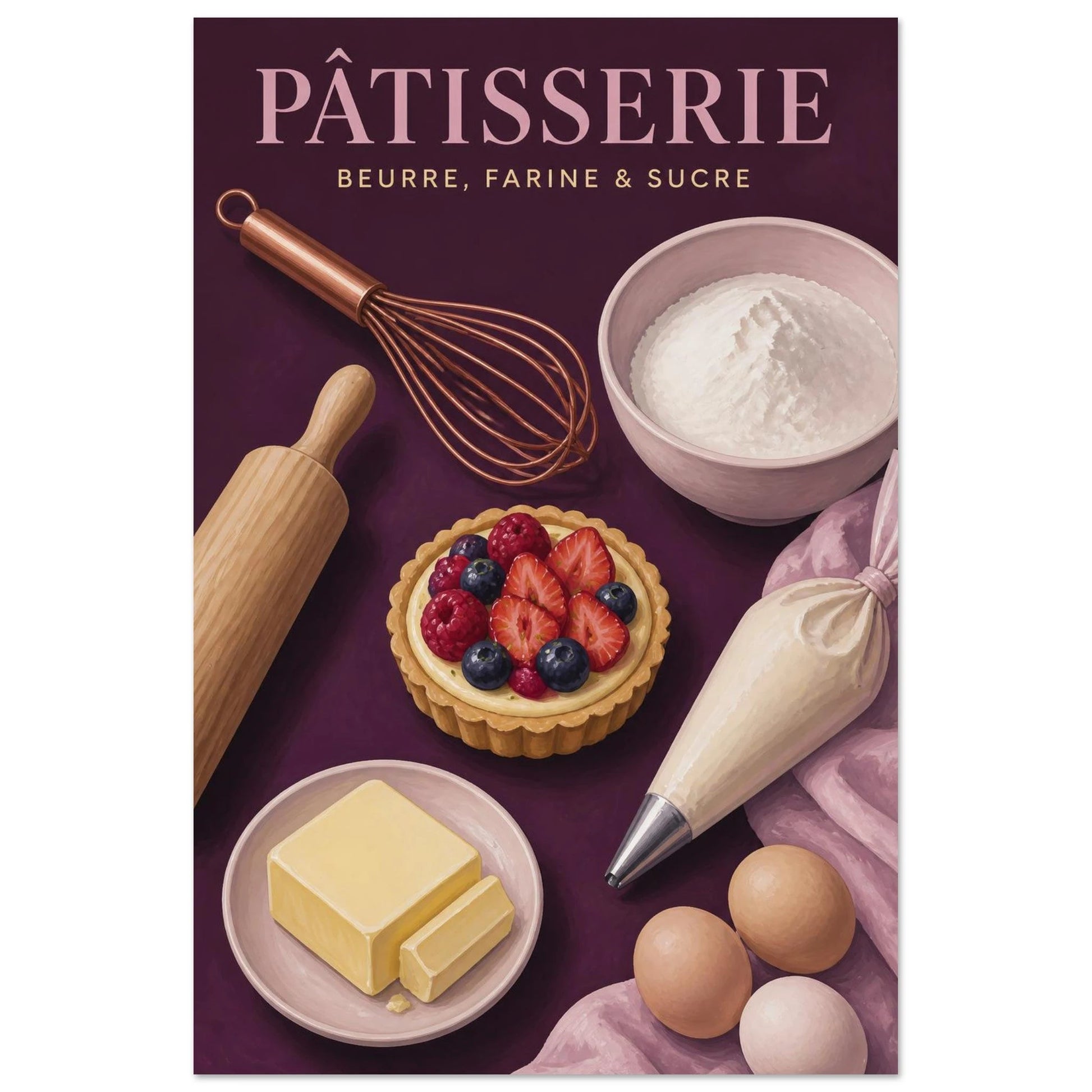 Affiche Pâtisserie – Beurre, Farine & Sucre, gouache contemporaine verticale, format 30 × 45 cm