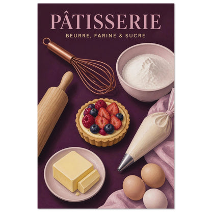 Affiche Pâtisserie – Beurre, Farine & Sucre, gouache contemporaine verticale, format 60 × 90 cm