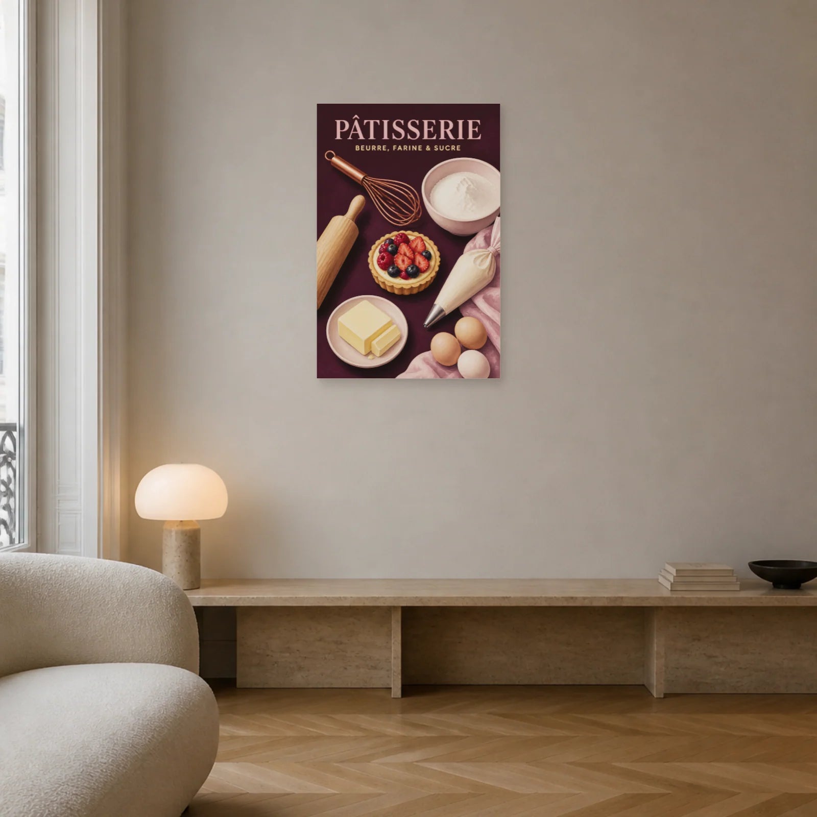 Affiche Pâtisserie – Beurre, Farine & Sucre dans un salon - Art Virtuoso