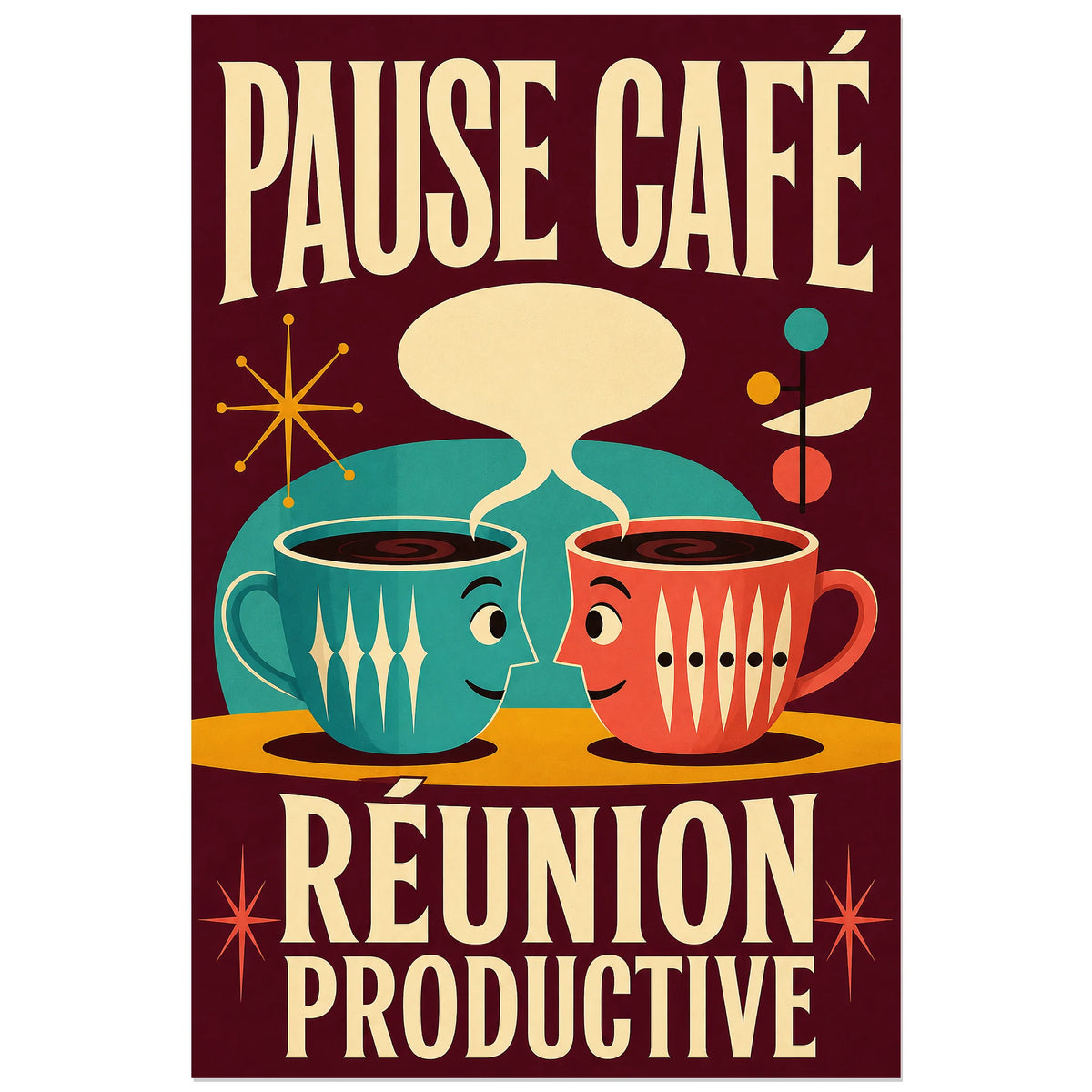 Affiche Pause café – Réunion productive, affiche mid-century humoristique à personnages-objets verticale, format 60 × 90 cm