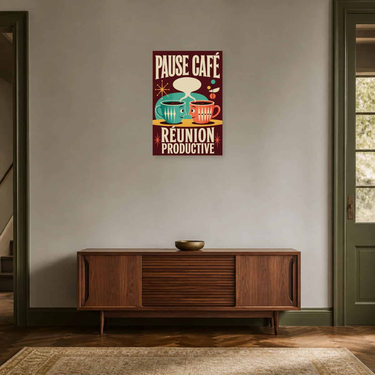 Affiche Pause café – Réunion productive dans une entrée ou un couloir - Art Virtuoso