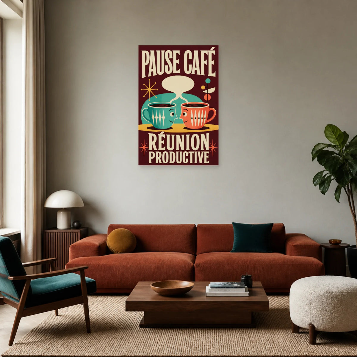 Affiche Pause café – Réunion productive dans un salon - Art Virtuoso