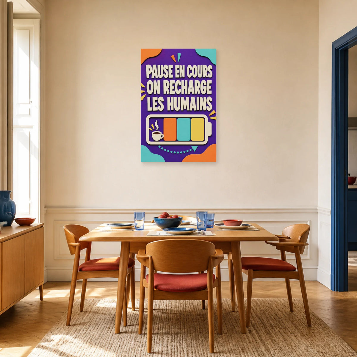 Affiche Pause en cours – On recharge les humains dans une salle à manger - Art Virtuoso