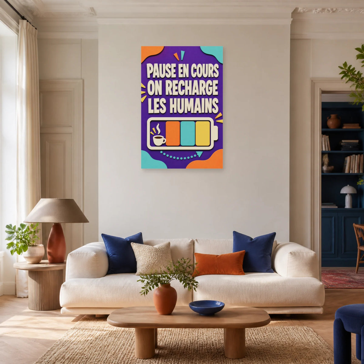 Affiche Pause en cours – On recharge les humains dans un salon - Art Virtuoso